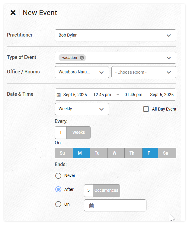 How to create repeating events in the calendar.  Shows the event creation panel with the repeating options highlighted. 
